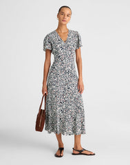 Button-Front Flutter-Sleeve Midi Dress in Floral AMANDA FLORAL NAVY