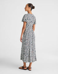 Button-Front Flutter-Sleeve Midi Dress in Floral AMANDA FLORAL NAVY