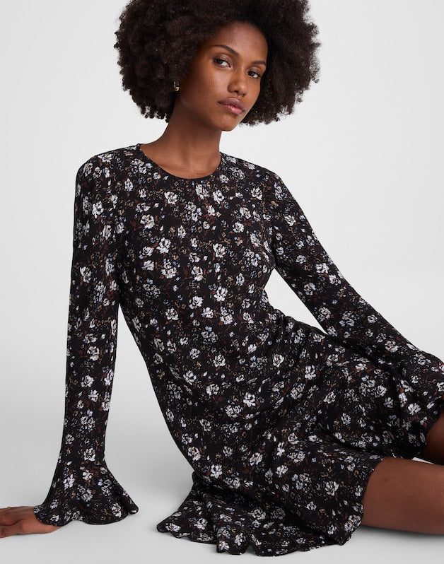 Long-Sleeve A-Line Mini Dress ROSE BROWN AND IVORY