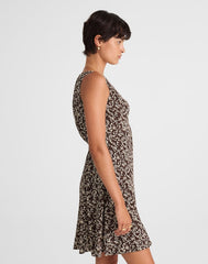 Button-Front Boatneck Mini Dress in Floral BRIDGETTE SPOTS BROWN