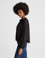 Embroidered Tie-Neck Long-Sleeve Top JET BLACK