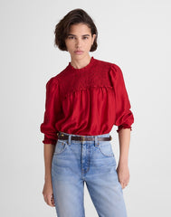 Smocked High-Neck Long-Sleeve Top CRIMSON