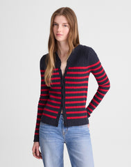 Striped Bouclé-Knit Cardigan NAVY AND RED STRIPE