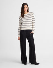 Striped Textured-Stitch Crewneck Sweater in 100% Cotton IVORY AND BLACK DOUBLE
