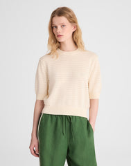 Textural-Stitch Crewneck Sweater in 100% Cotton VINTAGE IVORY