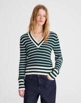Striped Shrunken V-Neck Varsity Sweater SPRUCE AND IVORY STRIPE