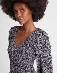 Smocked V-Neck Midi Dress CLASSIC NAVY
