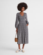 Smocked V-Neck Midi Dress CLASSIC NAVY