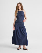 Denim Smocked-Waist Midi Skirt DARK COVE WASH