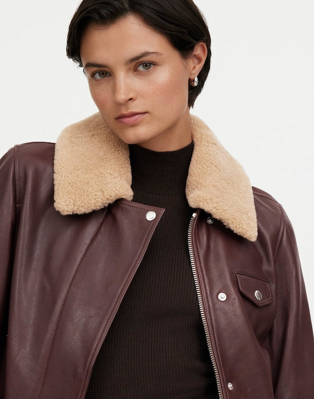 Sherpa-Collar Asymmetric Zip-Front Jacket in Leather DARK COFFEE