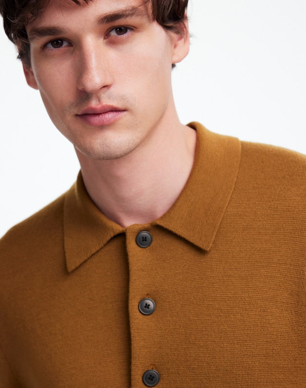 Milano-Knit Sweater Polo Shirt in Merino Wool RICH CAMEL