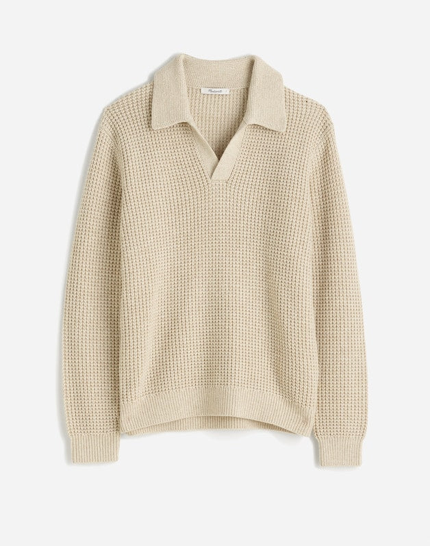 Johnny-Collar Sweater Polo Shirt in Waffle Knit HEATHER LIGHT SAND