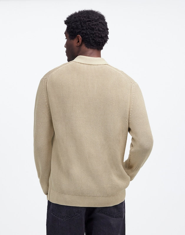 Cotton Shaker Stitch Johnny-Collar Sweater Polo PALE FATIGUE