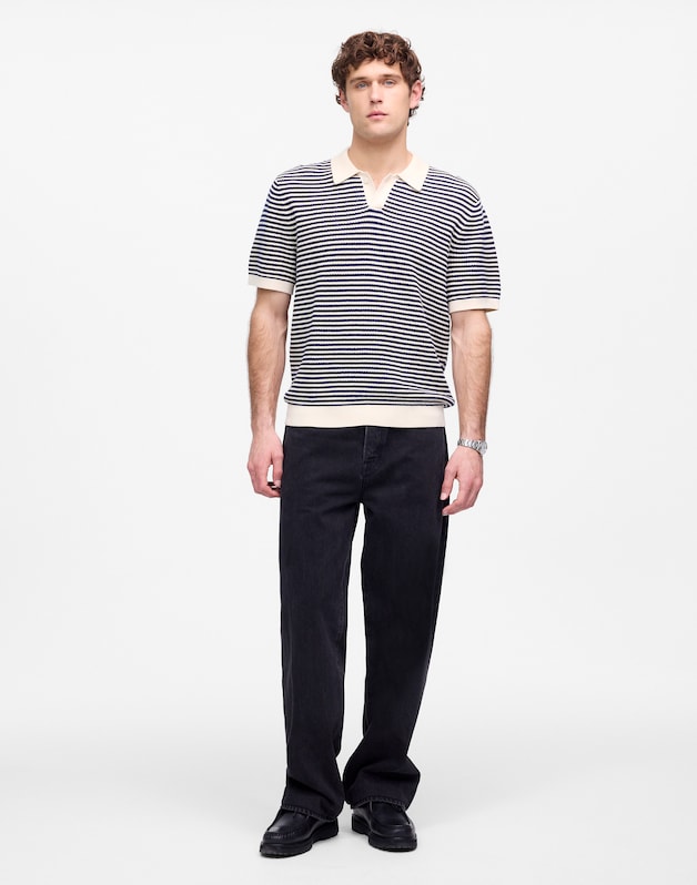 Pointelle Stitch Single-Button Sweater Polo ANTIQUE NAVY