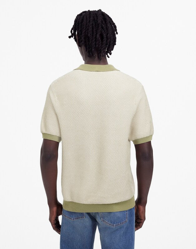 Honeycomb Stitch Johnny-Collar Sweater Polo OLIVE