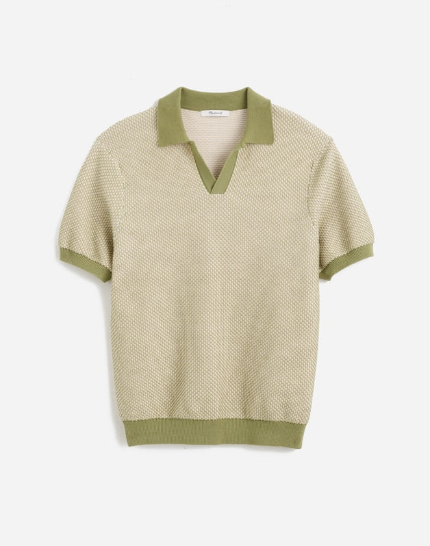 Honeycomb Stitch Johnny-Collar Sweater Polo OLIVE
