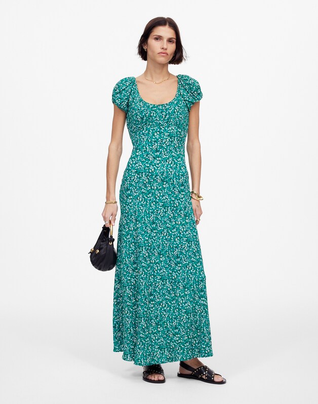 Ruched Scoopneck Midi Dress in Floral MEADOW DITSY KELLY GREEN