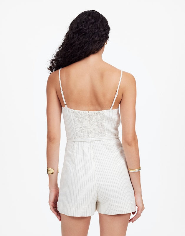 Sleeveless Square-Neck Pleated Romper IVORY BLACK PINSTRIPE