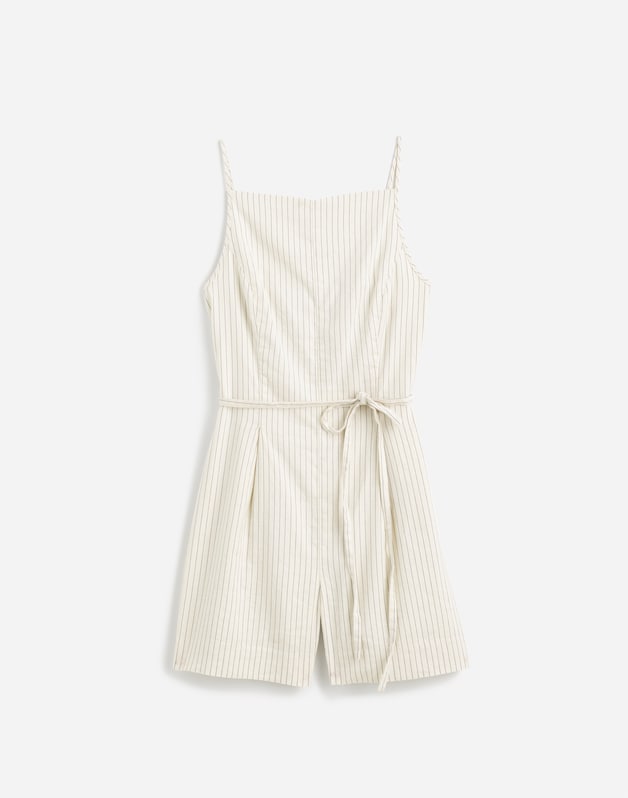Sleeveless Square-Neck Pleated Romper IVORY BLACK PINSTRIPE