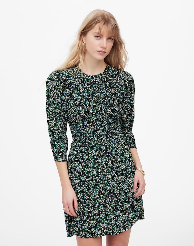 Smocked Mini Dress in Floral MEADOW DITSY BLACK