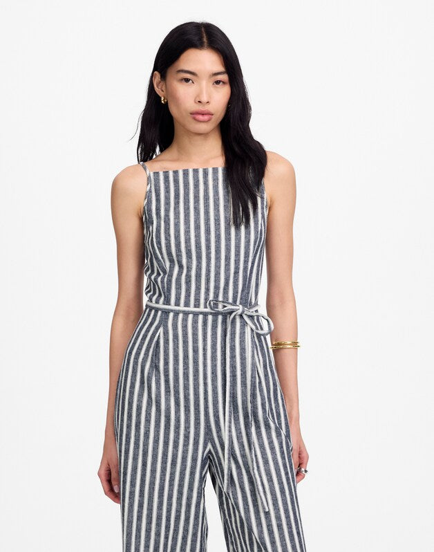 Pleated Wide-Leg Jumpsuit in Pinstripe Linen NAVY WHITE STRIPE