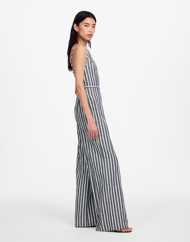 Pleated Wide-Leg Jumpsuit in Pinstripe Linen NAVY WHITE STRIPE