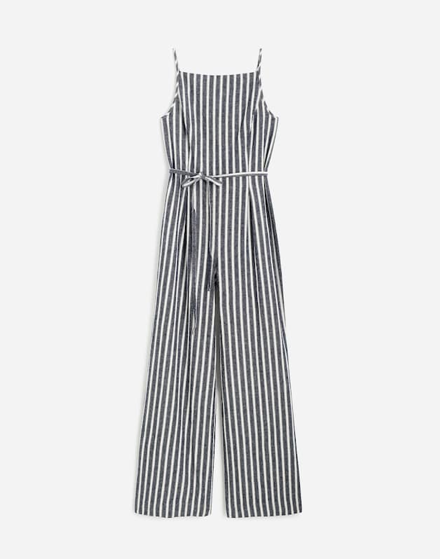Pleated Wide-Leg Jumpsuit in Pinstripe Linen NAVY WHITE STRIPE