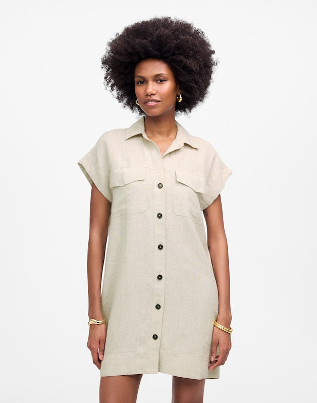 Utility Short-Sleeve Mini Shirtdress in 100% Linen OAT