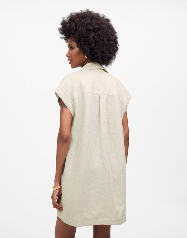 Utility Short-Sleeve Mini Shirtdress in 100% Linen OAT