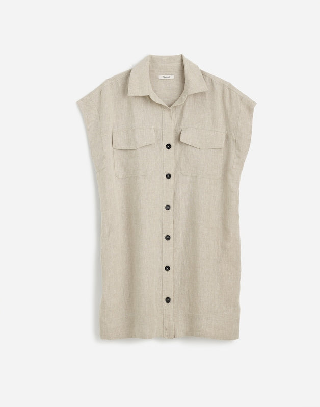 Utility Short-Sleeve Mini Shirtdress in 100% Linen OAT