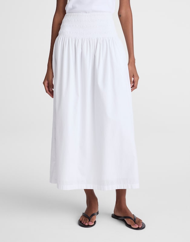 Smocked-Waist Midi Skirt in Poplin WHITE