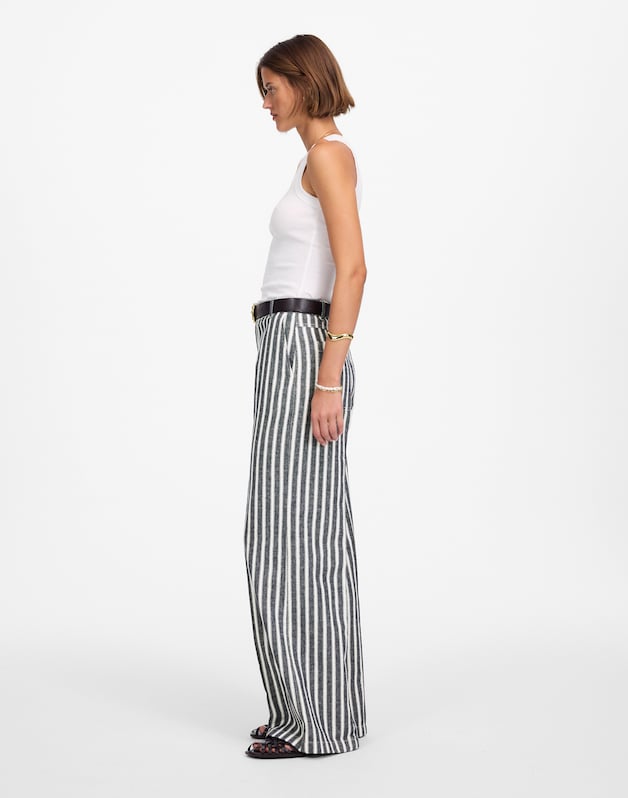 The Zoe Relaxed Wide Pant in Linen-Cotton Blend NAVY WHITE STRIPE