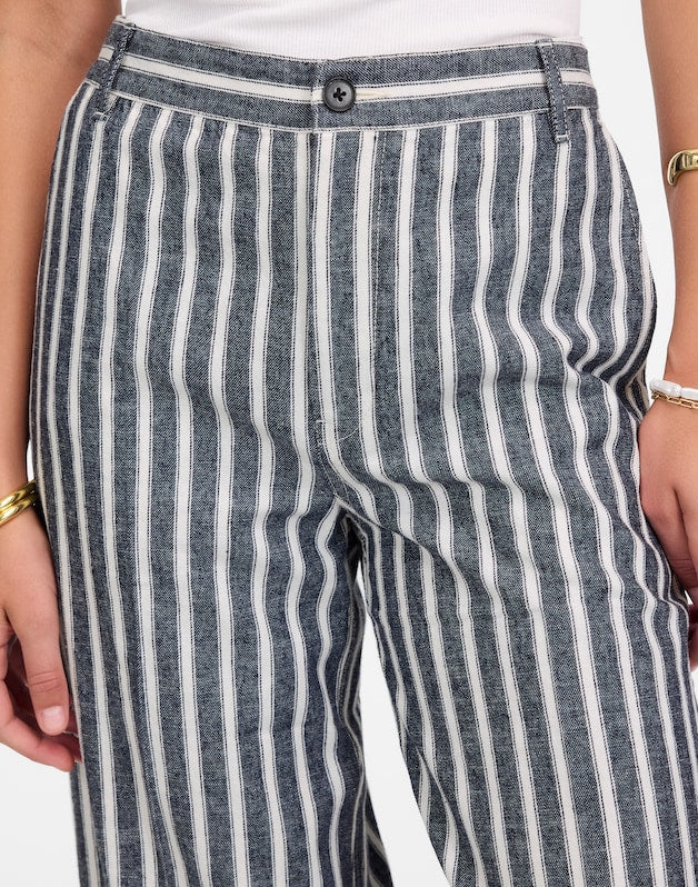 The Zoe Relaxed Wide Pant in Linen-Cotton Blend NAVY WHITE STRIPE