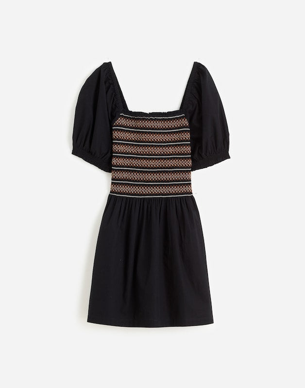 Poplin Puff-Sleeve Mini Dress JET BLACK