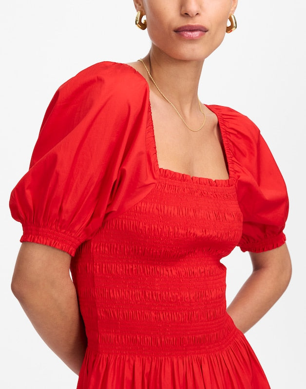 Smocked Puff Sleeve Midi Dress in Poplin CERISE