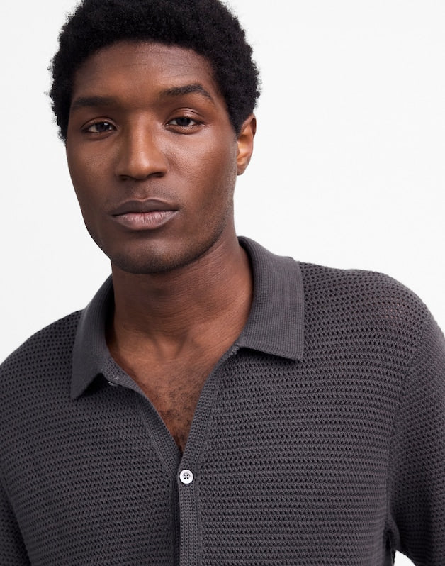 Open-Stitch Button-Up Sweater Polo SOFT CHARCOAL