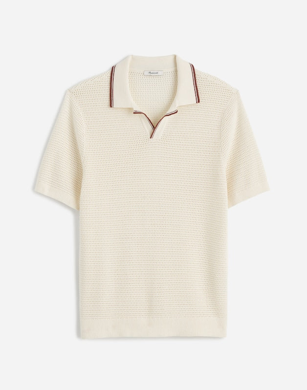 Contrast-Stitch Johnny-Collar Sweater Polo VINTAGE IVORY