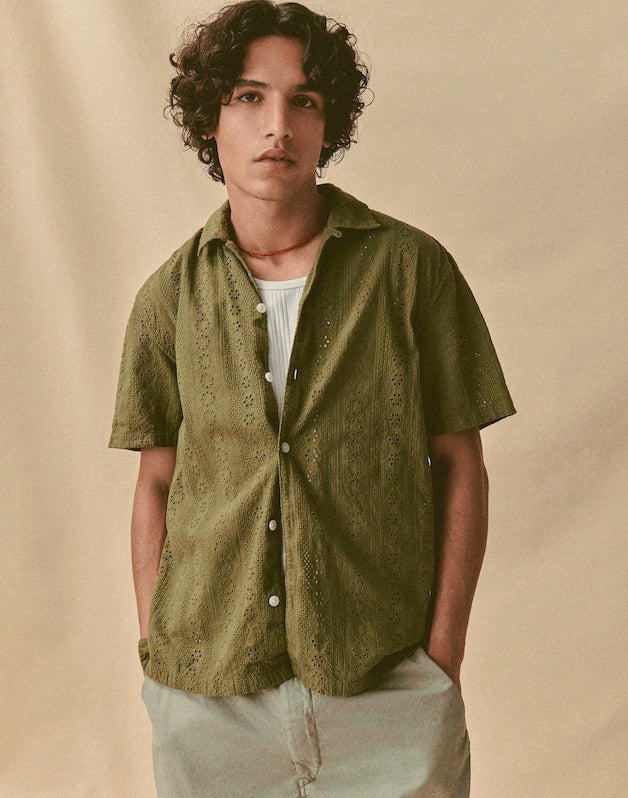 Camp-Collar Short-Sleeve Shirt in Embroidered Cotton CHATEAU OLIVE