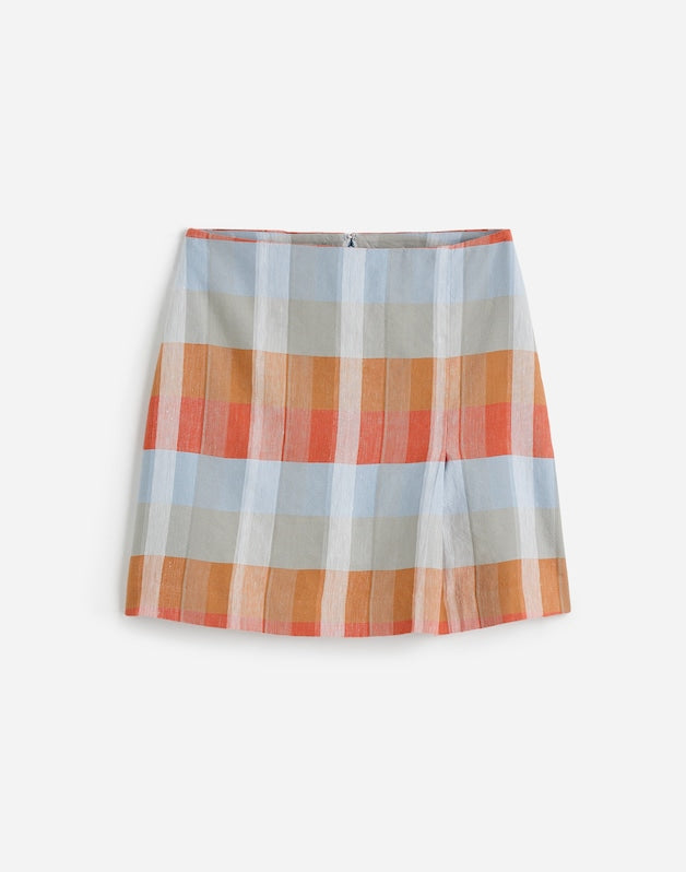 Single-Pleat Mini Skirt in 100% Linen BLUE ORANGE PLAID