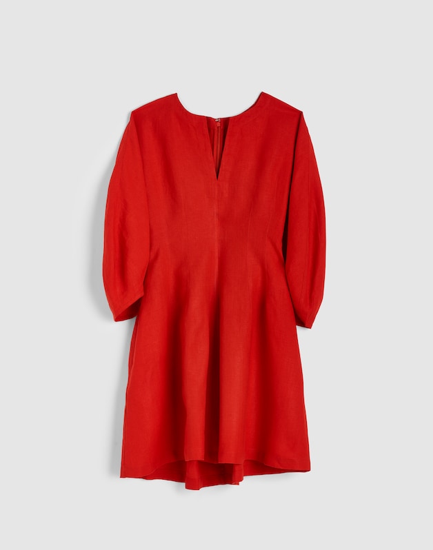Splitneck Mini Dress in 100% Linen WILD POPPY