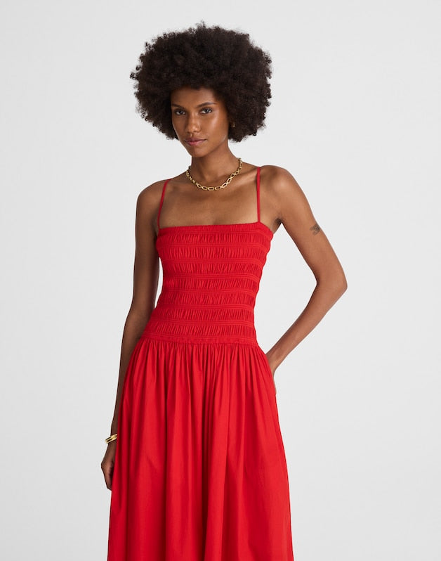Poplin Smocked Maxi Dress FESTIVAL RED