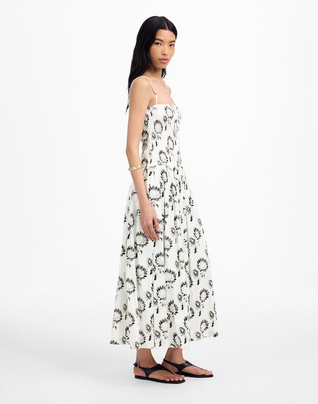 Poplin Smocked Maxi Dress in Floral GRAPHIC SUNFLOWERS WHITE