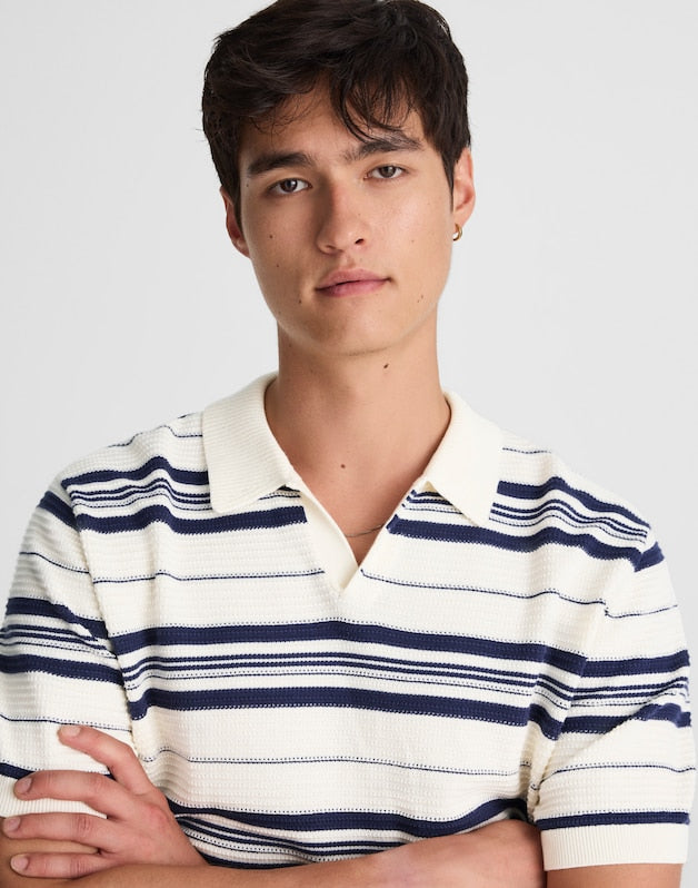 Striped Johnny-Collar Sweater Polo VINTAGE IVORY
