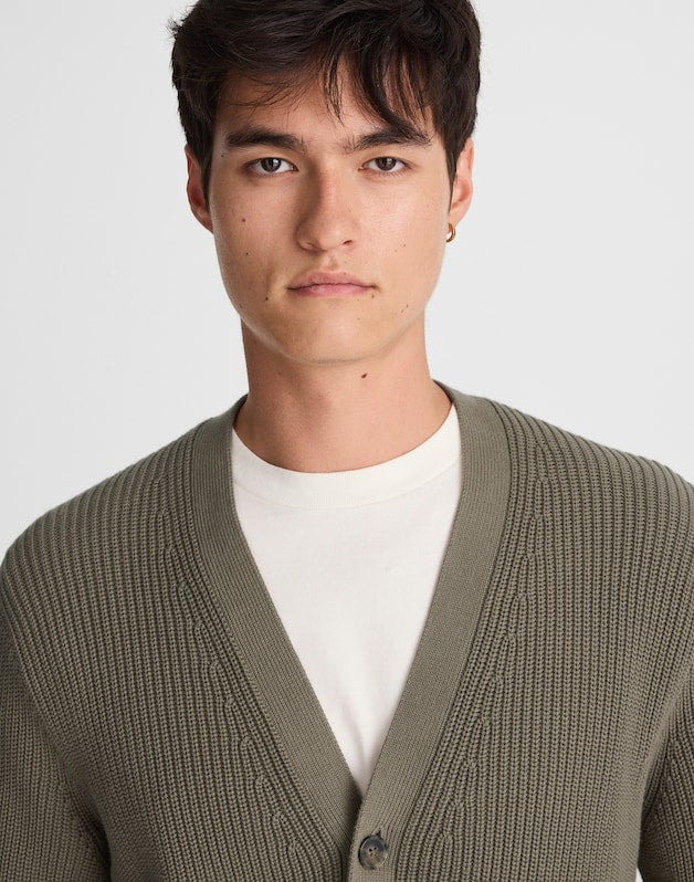 Cotton Shaker-Stitch Cardigan PRESSED SAGE