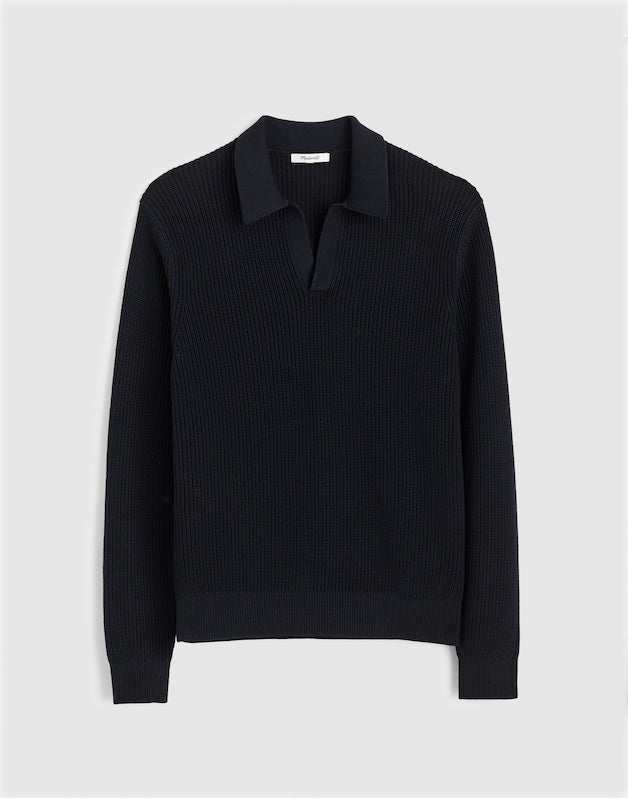Cotton Shaker-Stitch Johnny-Collar Sweater Polo WASHED BLACK