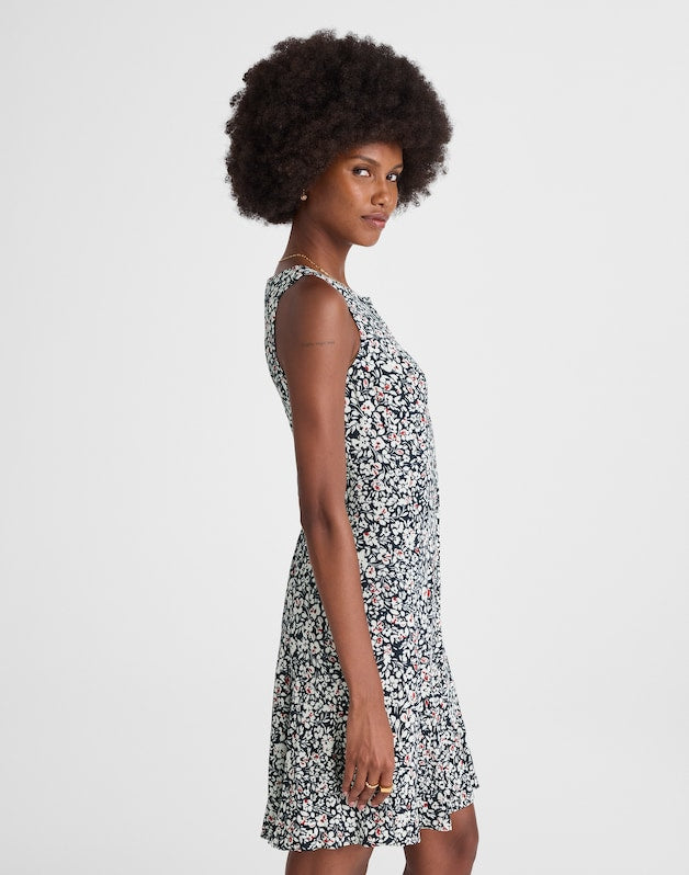 Button-Front Boatneck Mini Dress in Floral AMANDA FLORAL NAVY