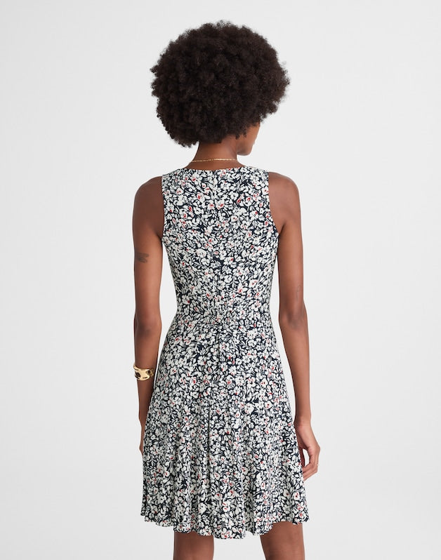 Button-Front Boatneck Mini Dress in Floral AMANDA FLORAL NAVY