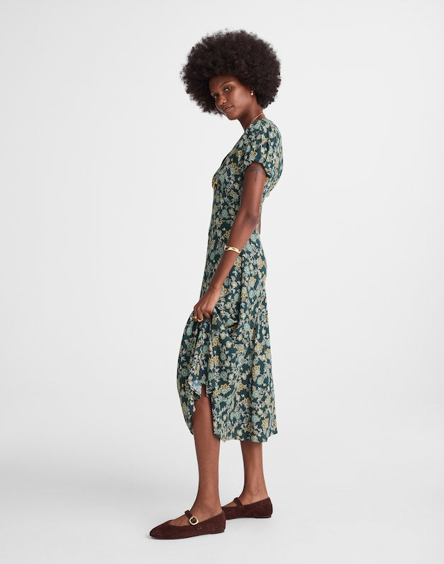Seamed Puff-Sleeve Midi Dress in Floral MINERAL BLUE