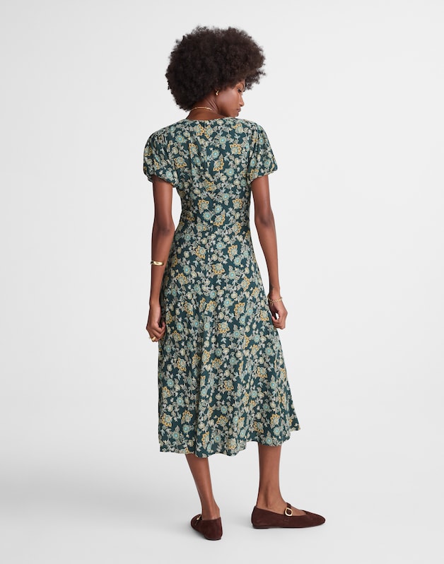 Seamed Puff-Sleeve Midi Dress in Floral MINERAL BLUE