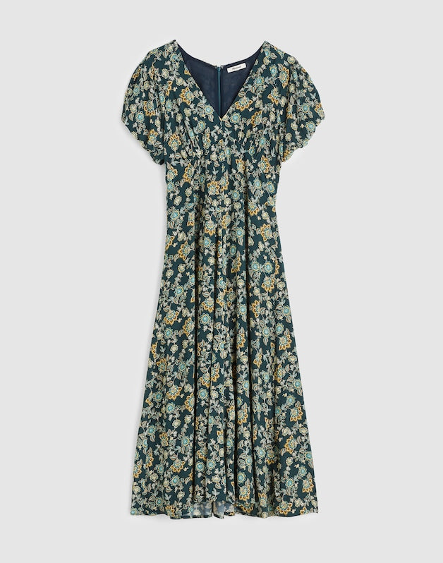 Seamed Puff-Sleeve Midi Dress in Floral MINERAL BLUE